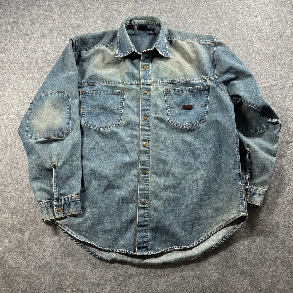 Vtg Bugle Boy Denim Shirt Mens Large Blue Snap Button Workwear Elbow Patches